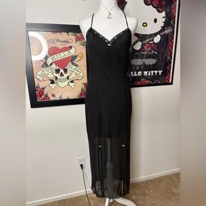 Black Rosette Lace Detail Slit Maxi Dress